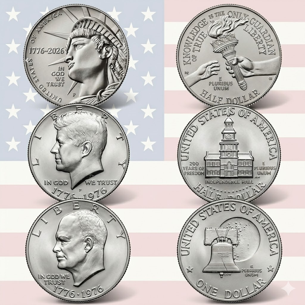 2026 P Semiquincentennial & 1976 Bicentennial Half Dollar + "Ike Silver Dollar"+