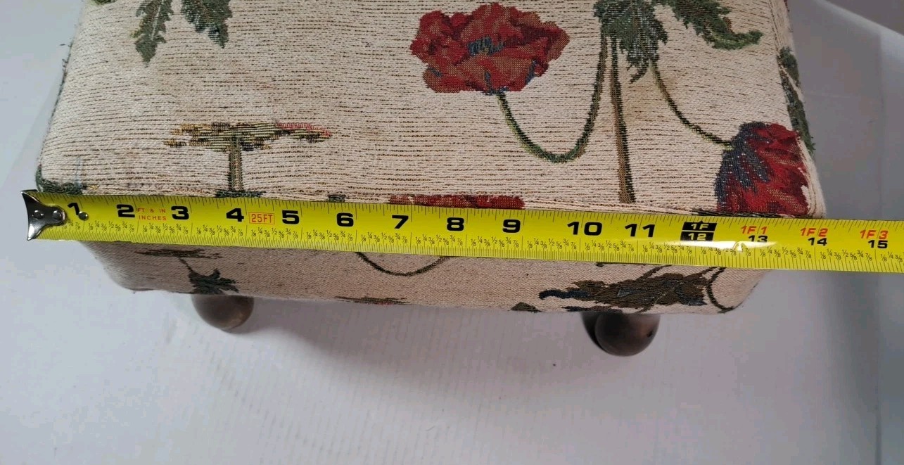 Tapestry Covered Footstool Red Poppy Floral Pattern & Wooden Legs