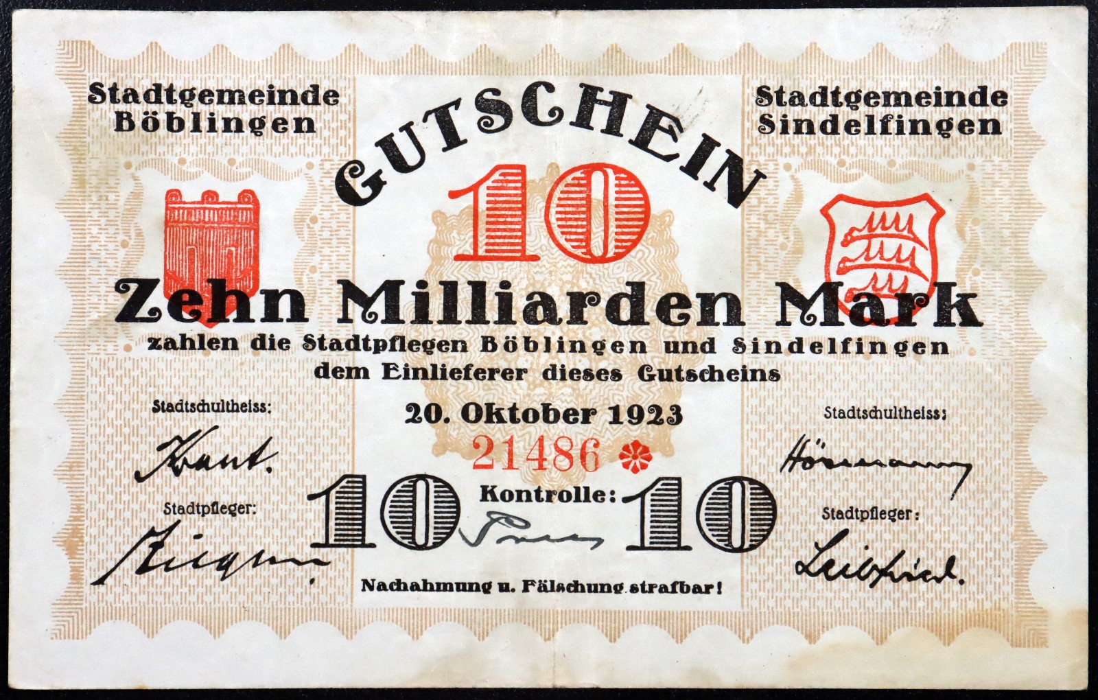 BÖBLINGEN and SINDELFINGEN 1923 10 Milliarden = 10 Billion Mark Notgeld