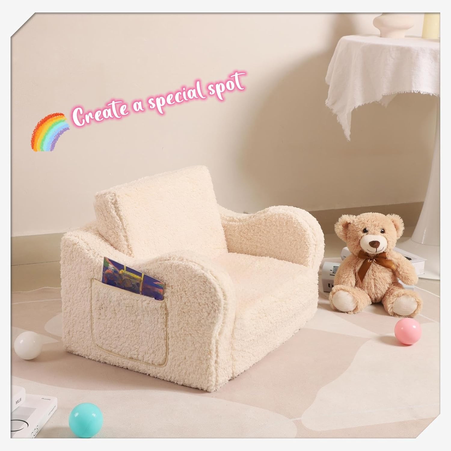 MOMCAYWEX Kids Sofa, 2-in-1 Flip-Out Foam Couch with Soft Sherpa Cover, Cozy Pla