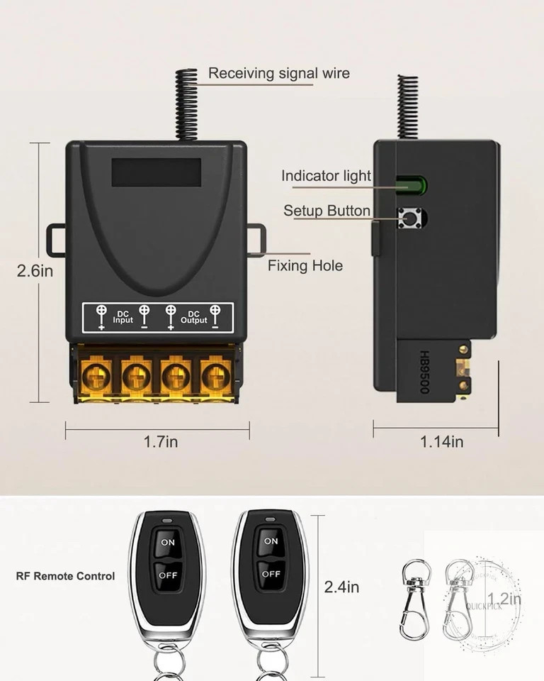 30A 12V Wireless Remote Control Switch Kit - Heavy Duty Relay with 2 Remotes