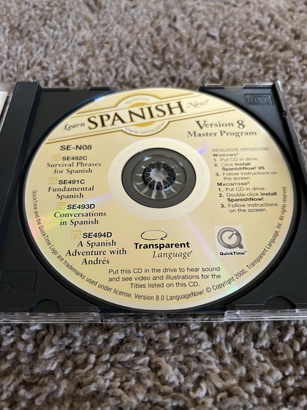 Learn Spanish Now! Transparent Language PC CD-Rom. Win/Mac + Instructions.