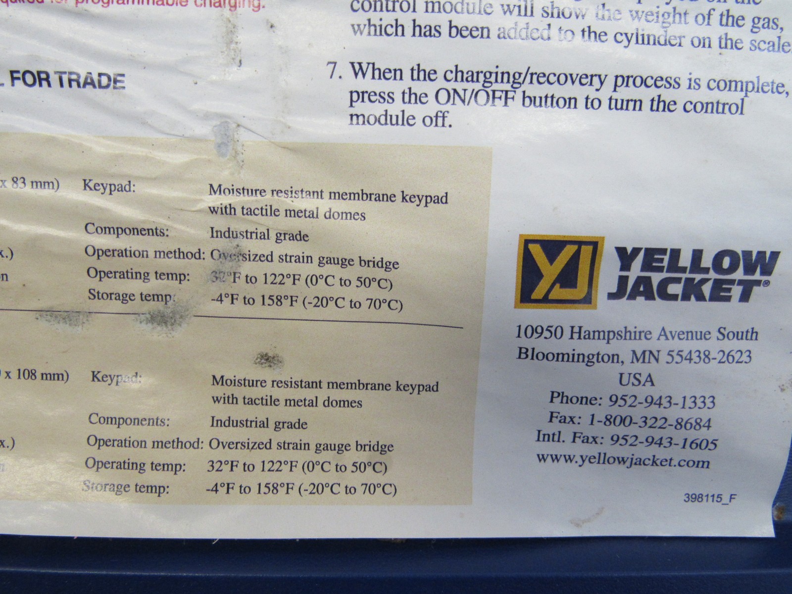 Yellow jacket electronic charging scale #68802