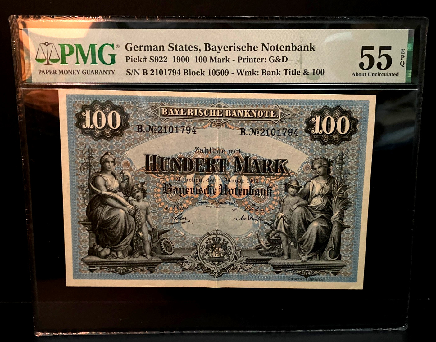 1900 Germany Bavaria 100 Mark Bayerische Notenbank PMG 55 EPQ AU