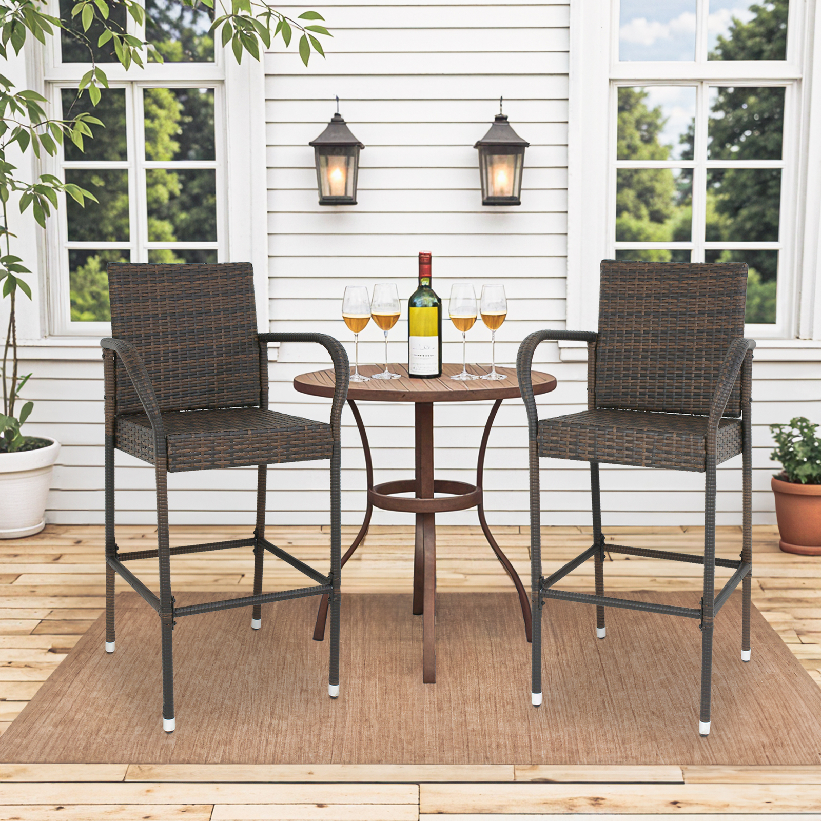 Outdoor Backyard Patio 2PCS Rattan Wicker Bar Stool Furniture Chair with Armrest