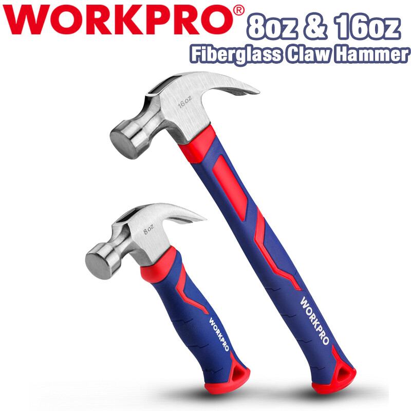 WORKPRO 2PC Claw Hammer Set 8 oz Stubby Claw Hammer 16 oz Fiberglass Claw Hammer