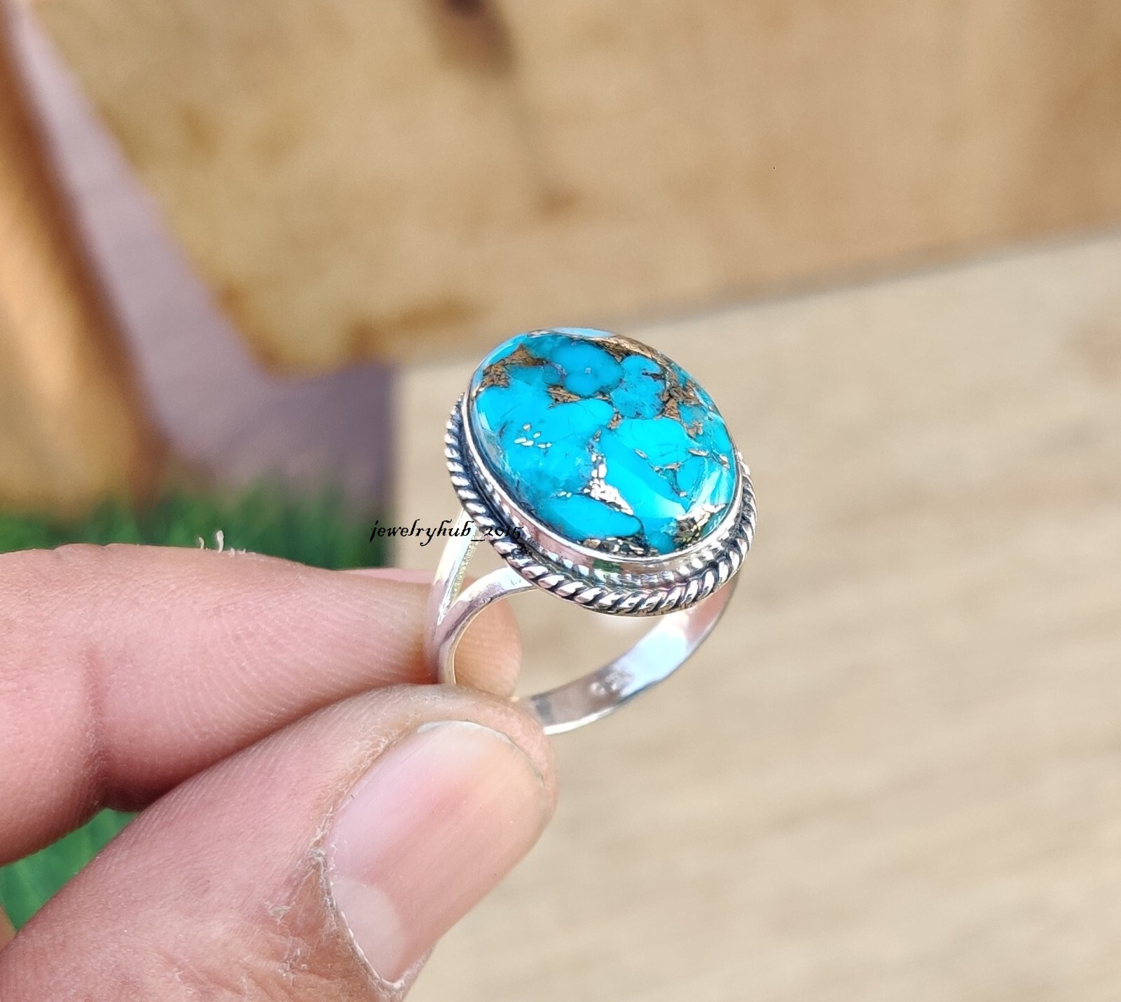 Blue Copper Turquoise Gemstone Ring 925 Sterling Silver Free Shipping Boho Ring