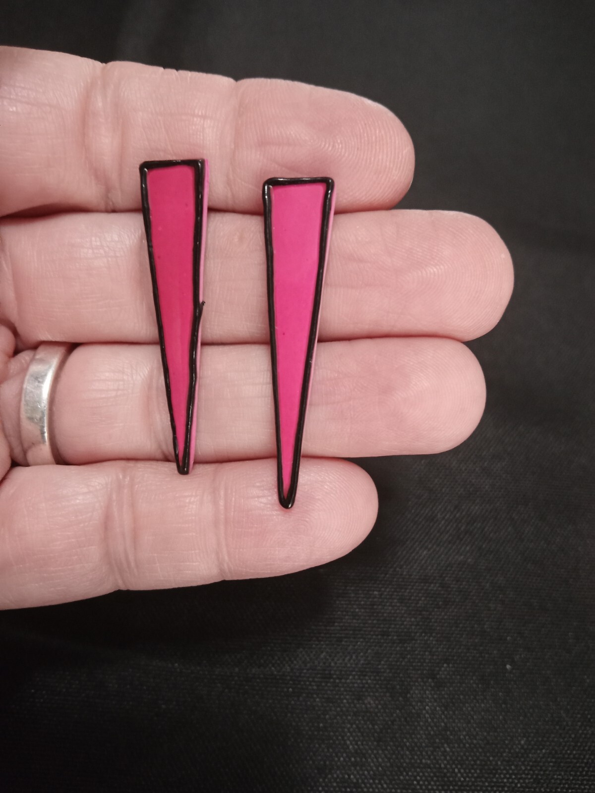 Vintage Retro Pink Enameled Trimmed in Black Long Triangle  Pierced Earrings