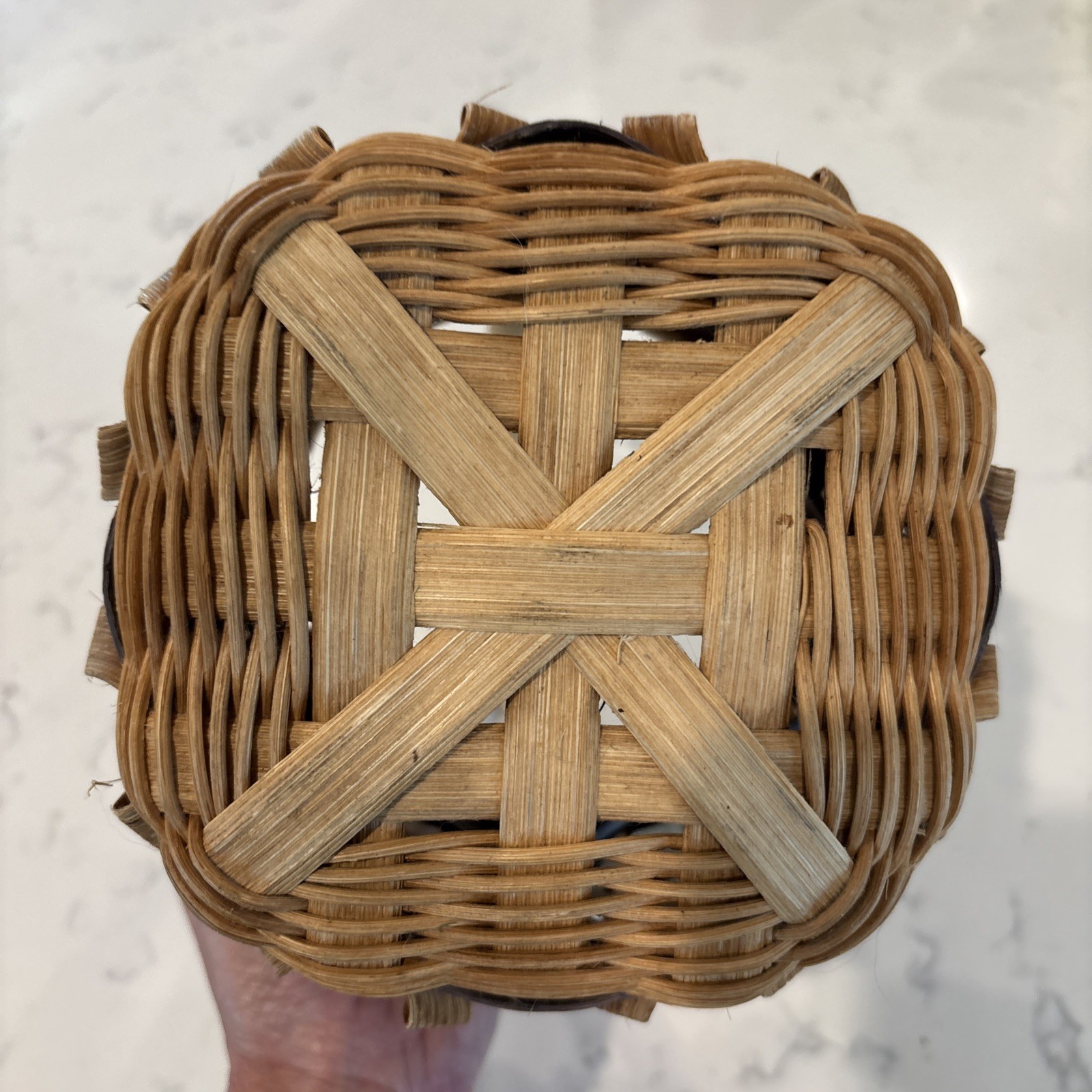 Vintage Split Oak Basket 2 Tone Braided Handle Twisted Woven Pattern Signed Date