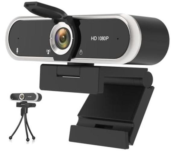 Webcam 1080P with Microphone & Privacy Cover for PC/Laptop, USB 1080P Black