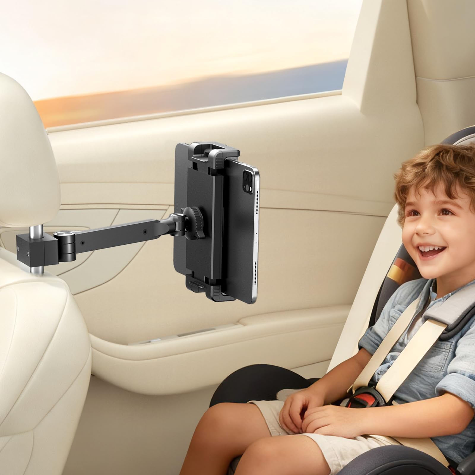 Black Headrest Car Tablet Holder with Long Aluminum Extension Arm