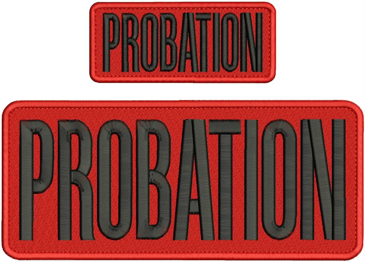 PROBATION EMBROIDERY PATCHES 4X10 AND 2X5 HOOK ON BACK  BLACK ON RED