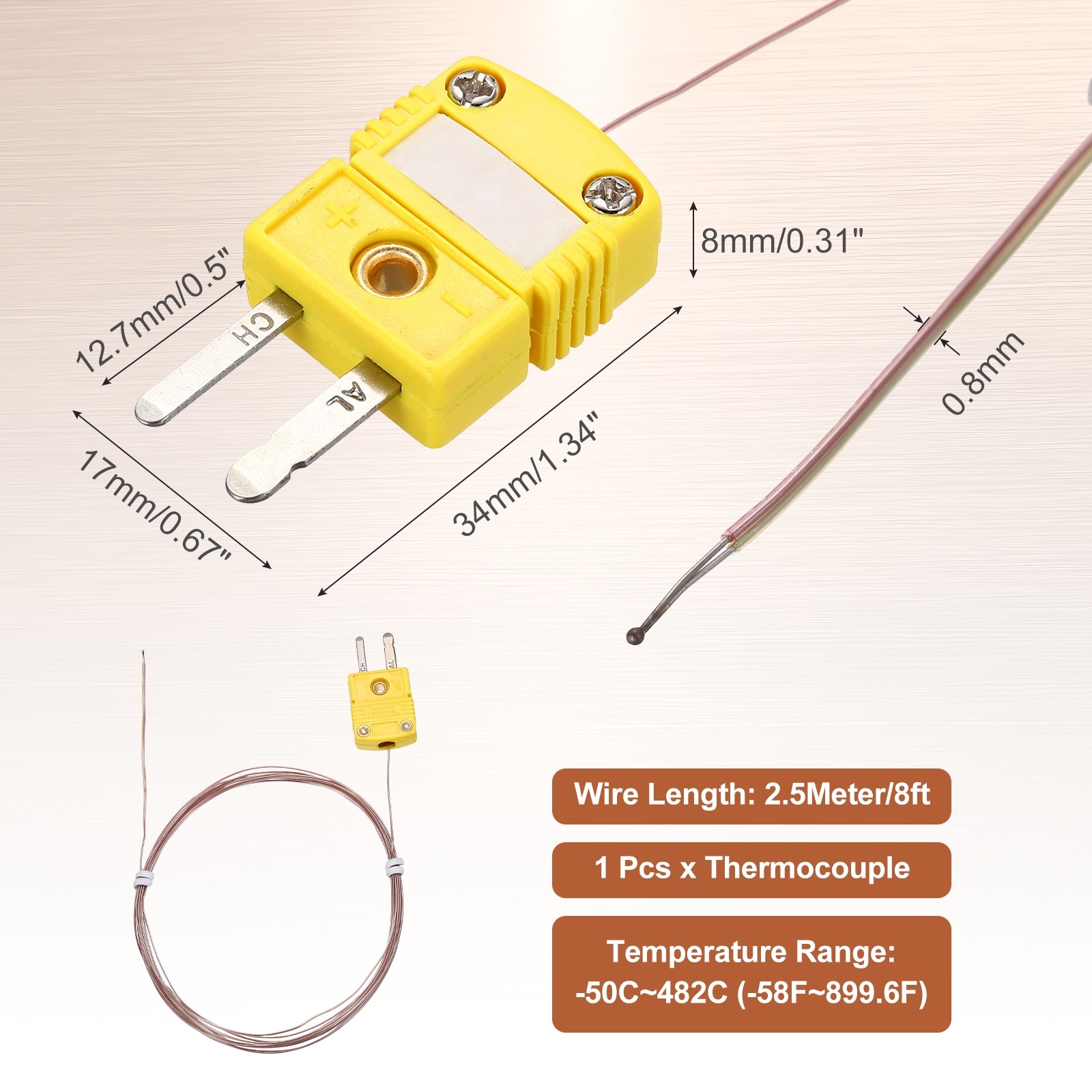 K Type Thermocouple Mini Connector Temperature Sensor 8ft, 0.8mm Wire