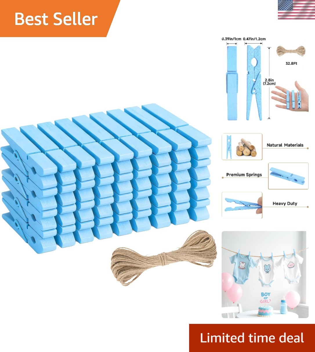 Blue Wooden Clothes Pins - 2.9'' Clothespins, 50 Pcs for Crafts and Displays