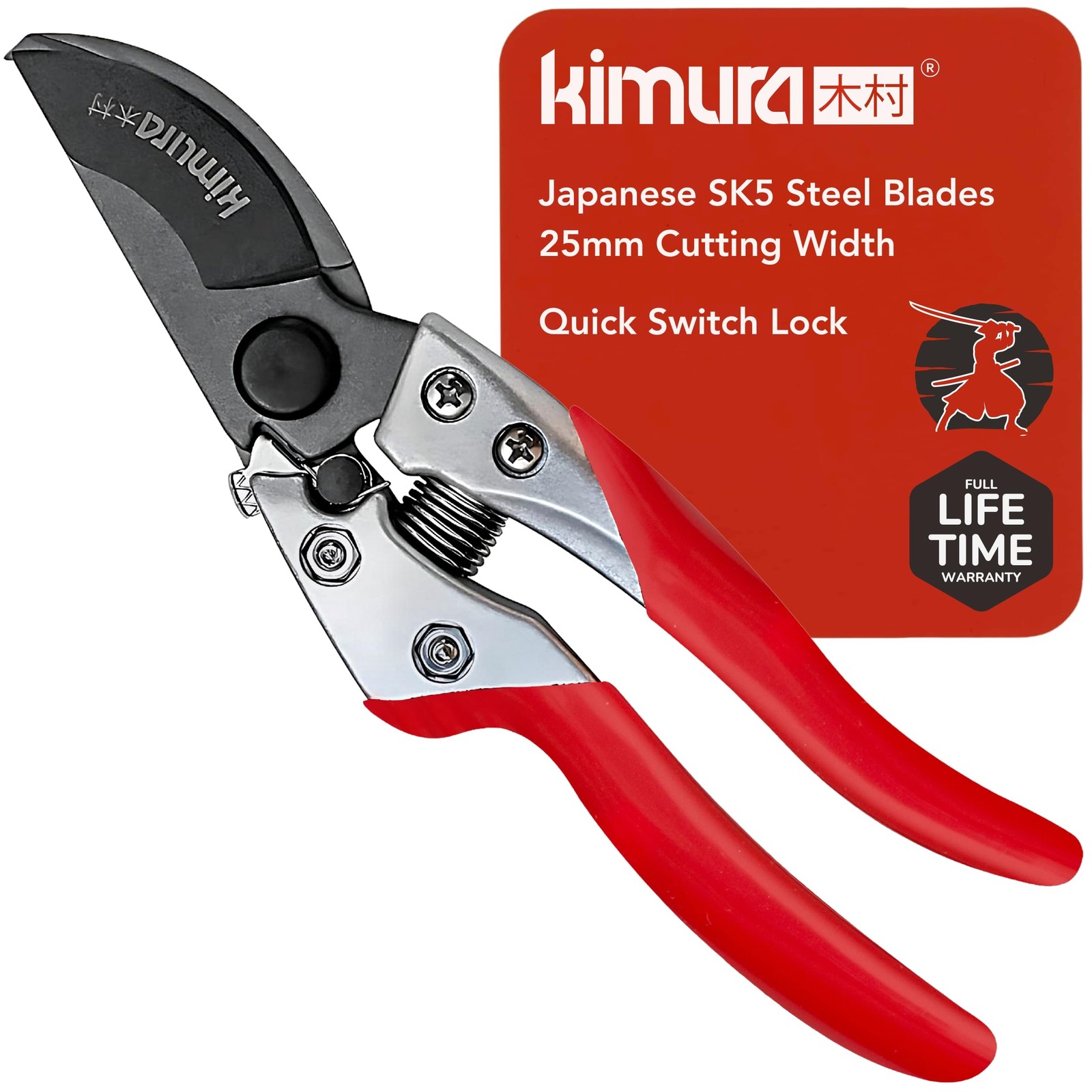 Kimura® 8" Pro Bypass Pruning Shears, Heavy Duty Japanese SK5 8 inches, Red