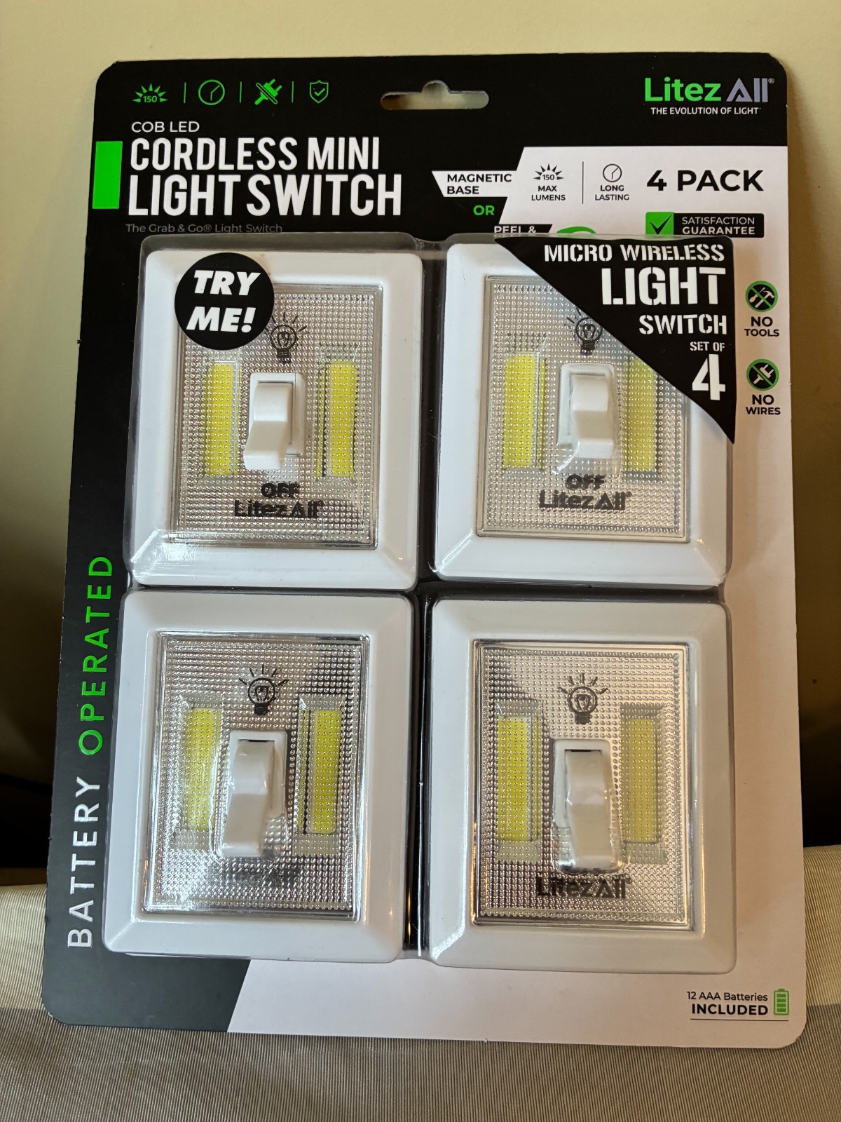 Litez All Cordless Mini Light Switch 4 Pack ~New Unopened Box 12 Batteries Incl