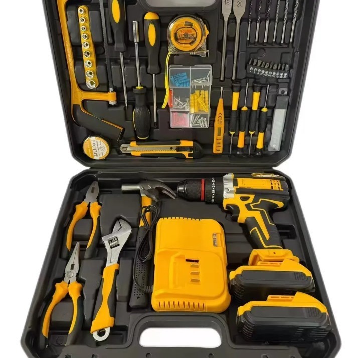 Yellow Black 20+ Pc Cordless Drill/Driver Set with 2 Batteries, Charger, Case