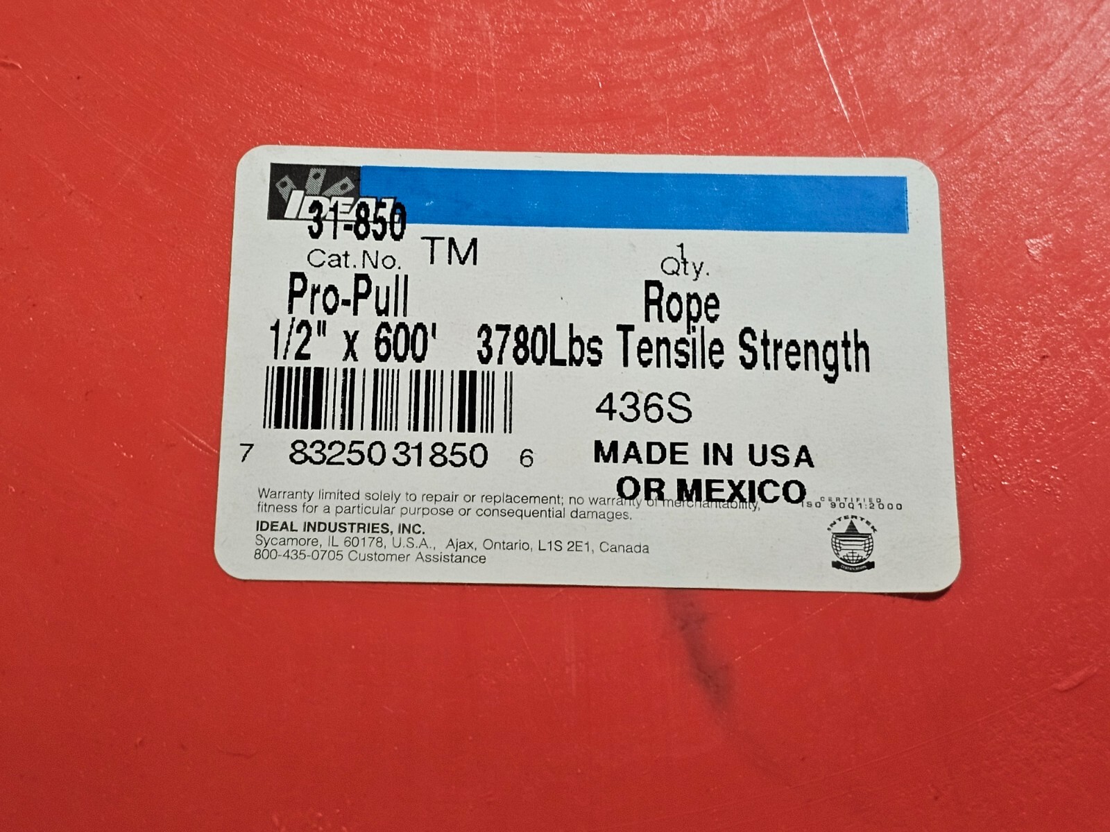Ideal 1/2" Diameter X 600 Ft Long Pro-Pull Polypropylene Rope Blue/Yellow 31-850