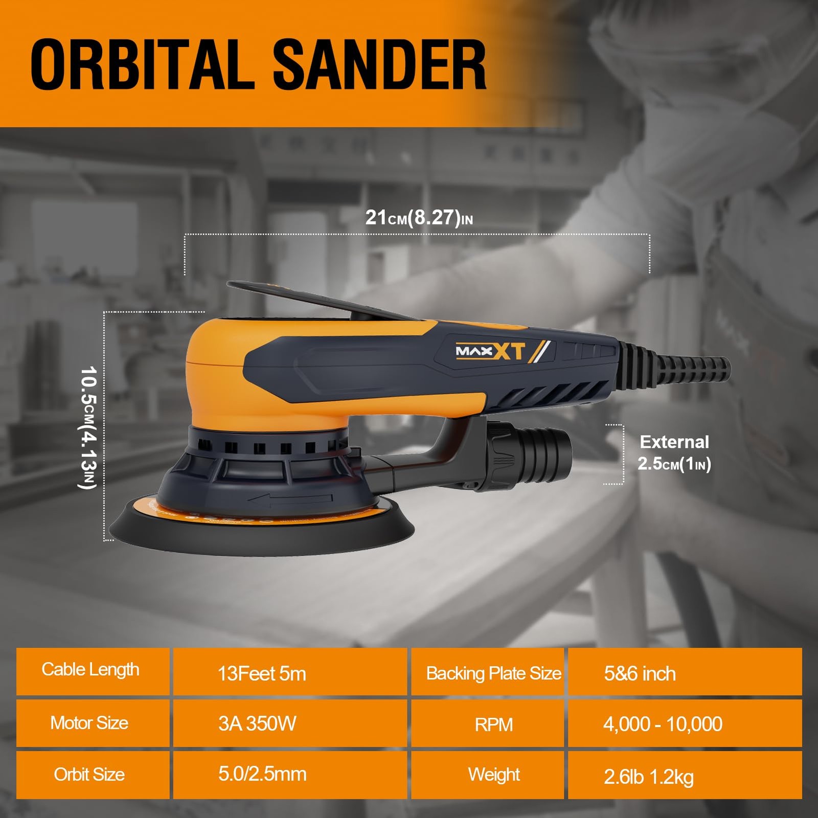 5mm Random Orbit Sander 350W, Brushless Motor, Variable Speed Electric Orbit ...