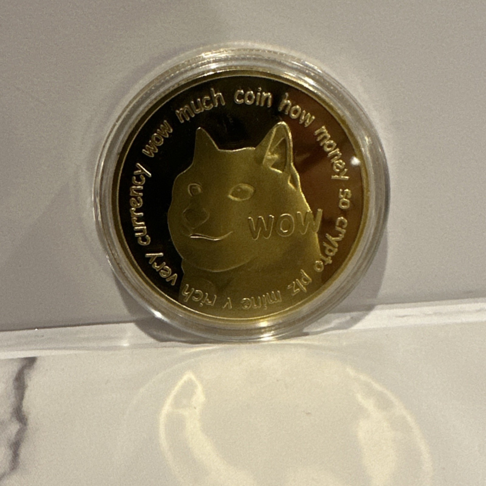 Dogecoin Collectible Gold Color Coin with 'WOW' Design in Protective Case