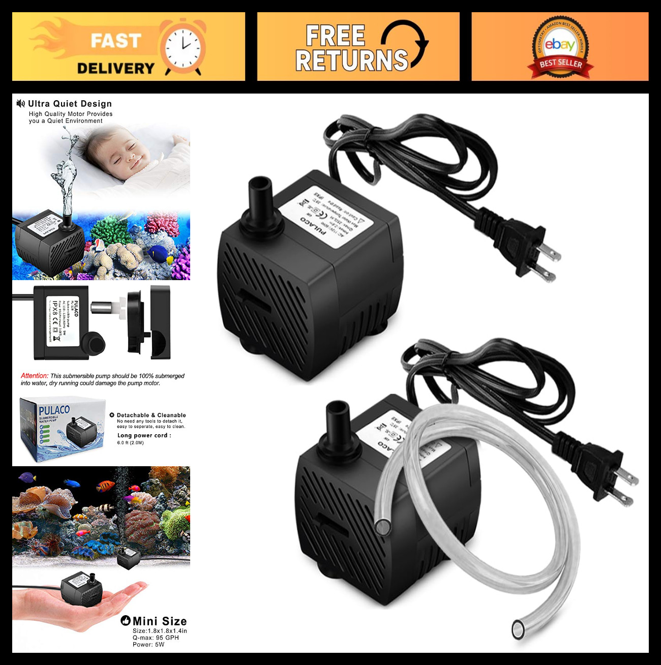 2Pcs Mini Submersible Water Pump 95GPH 5W for Aquarium, Pond, Fountain, Hydropon