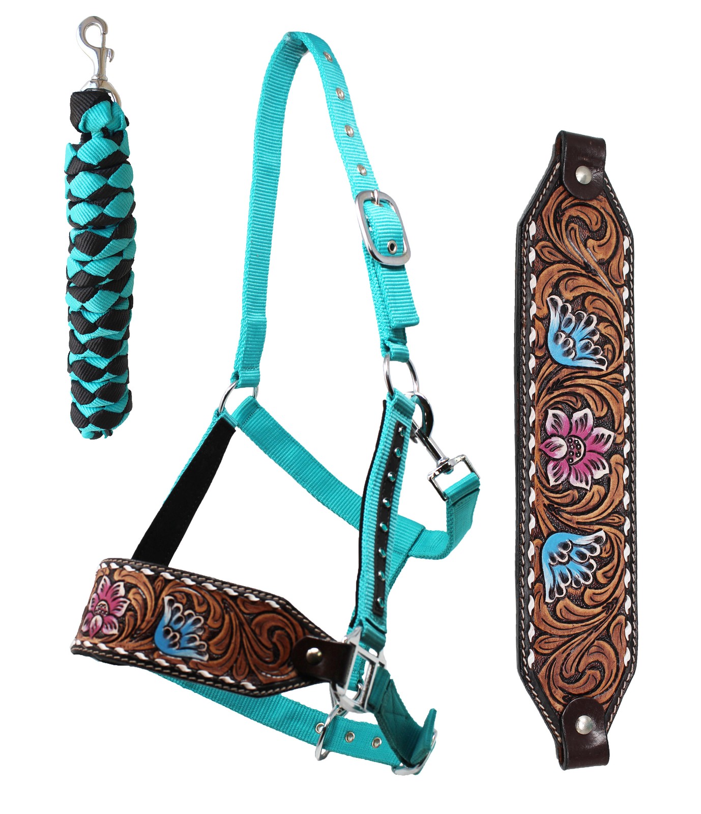 Challenger Horse Noseband Tack Bronc Leather HALTER Tiedown Lead Rope 280HR04