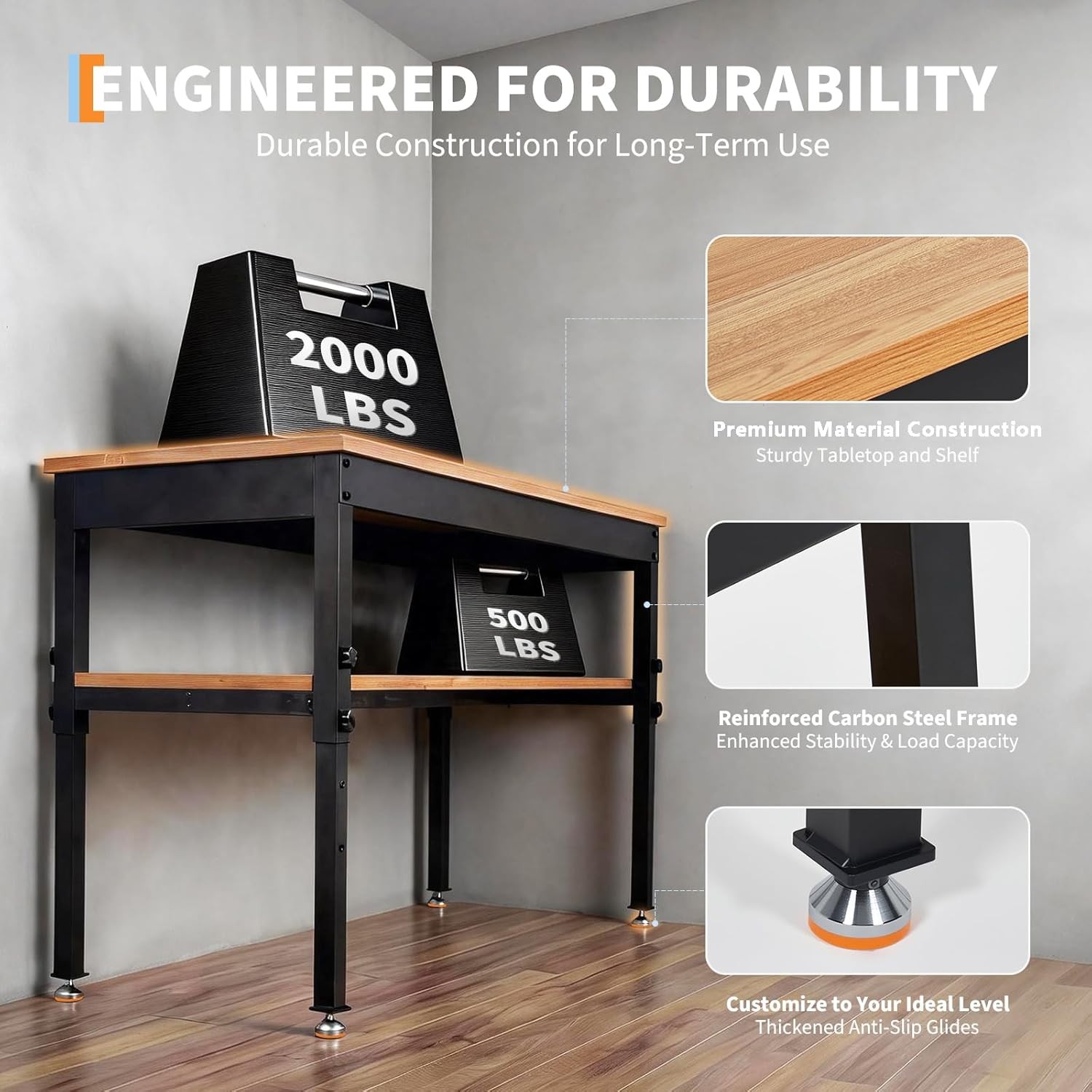 Adjustable Height Workbench with Storage Shelf 48" x 24" Work Benches 2500 LBS