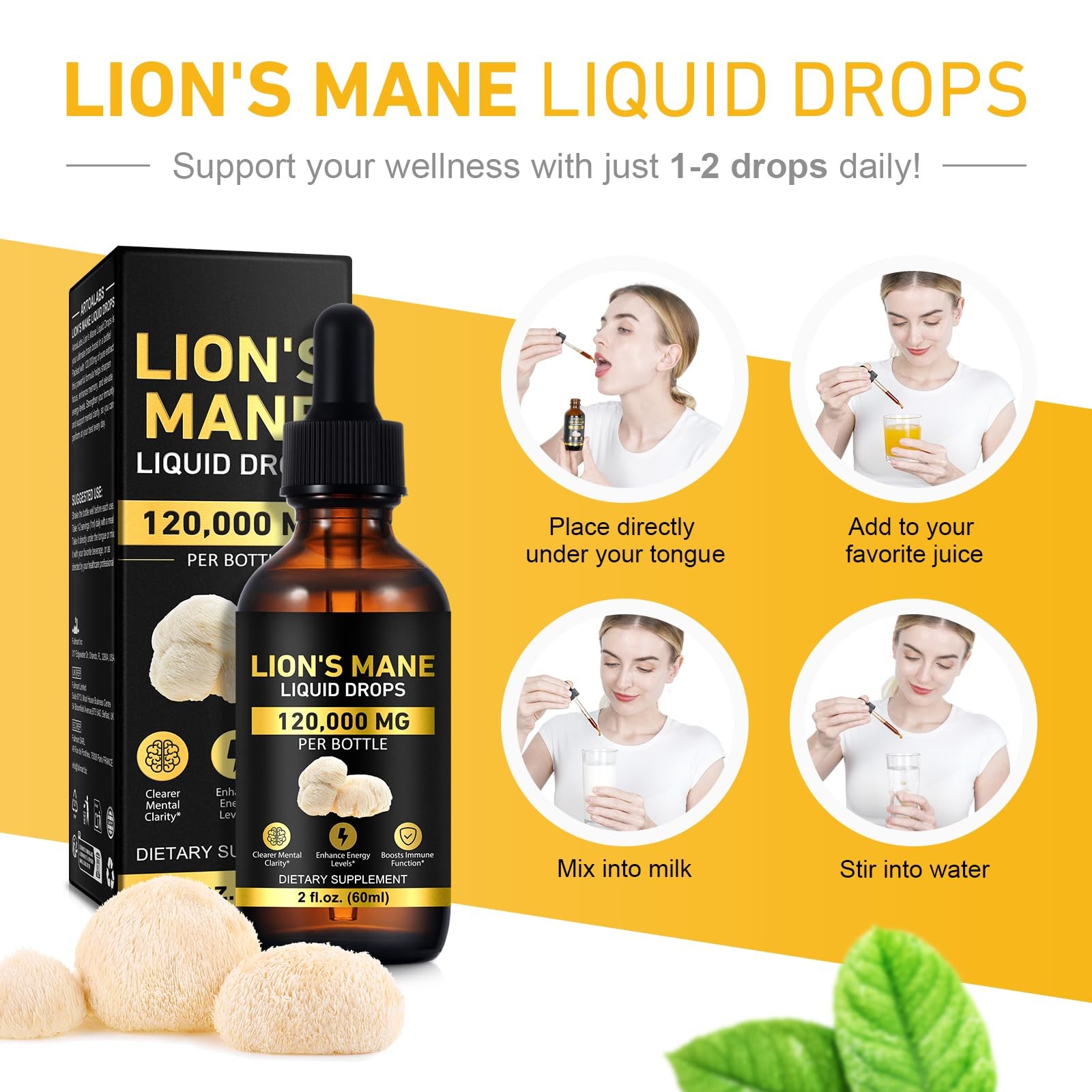 Lions Mane Mushroom Drops 120,000mg Brain Supplement 2oz Memory Focus