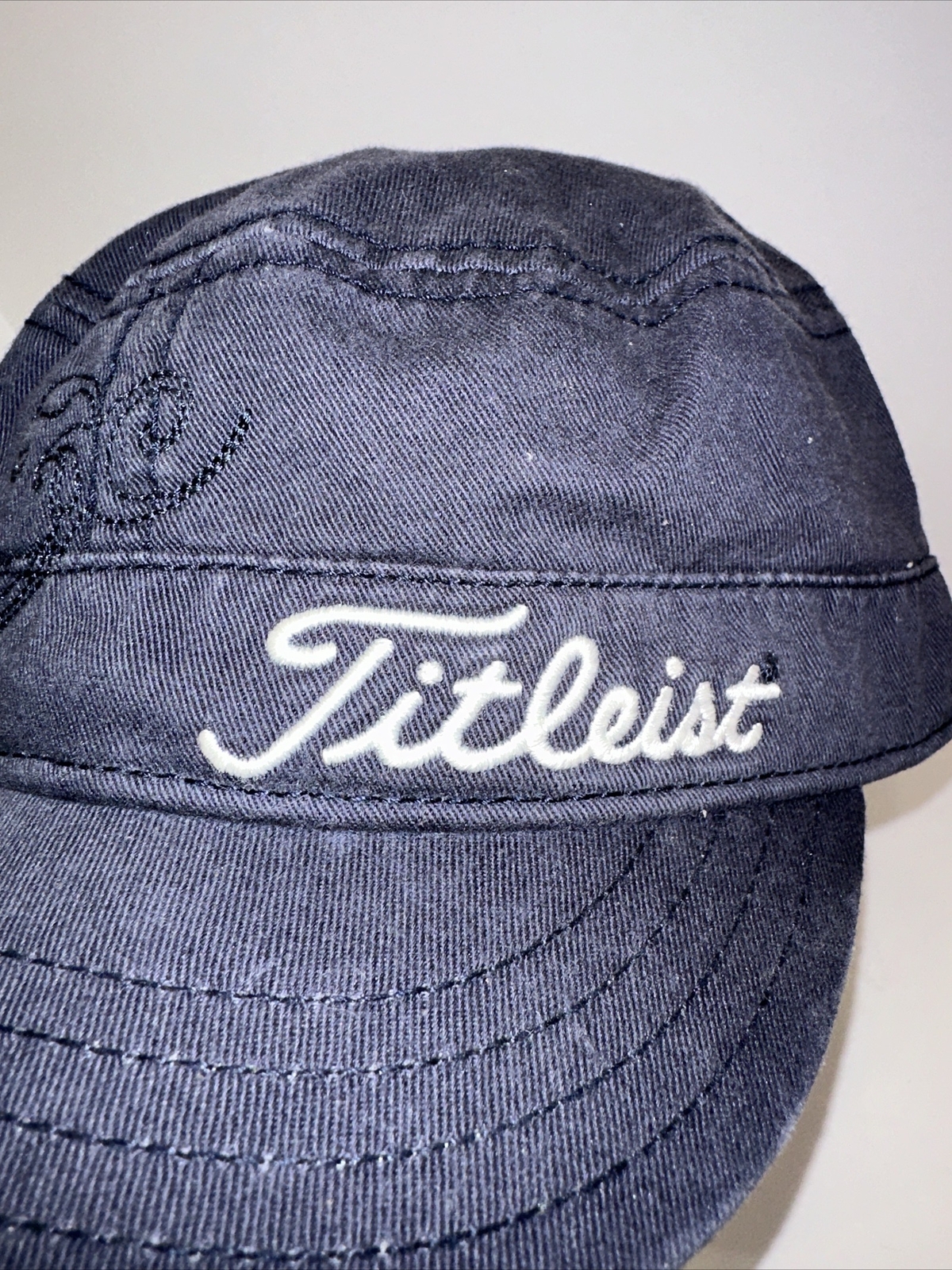 Titleist White on Navy Blue Cadet Hat Cap Plaid Under Bill Inside Hook Loop