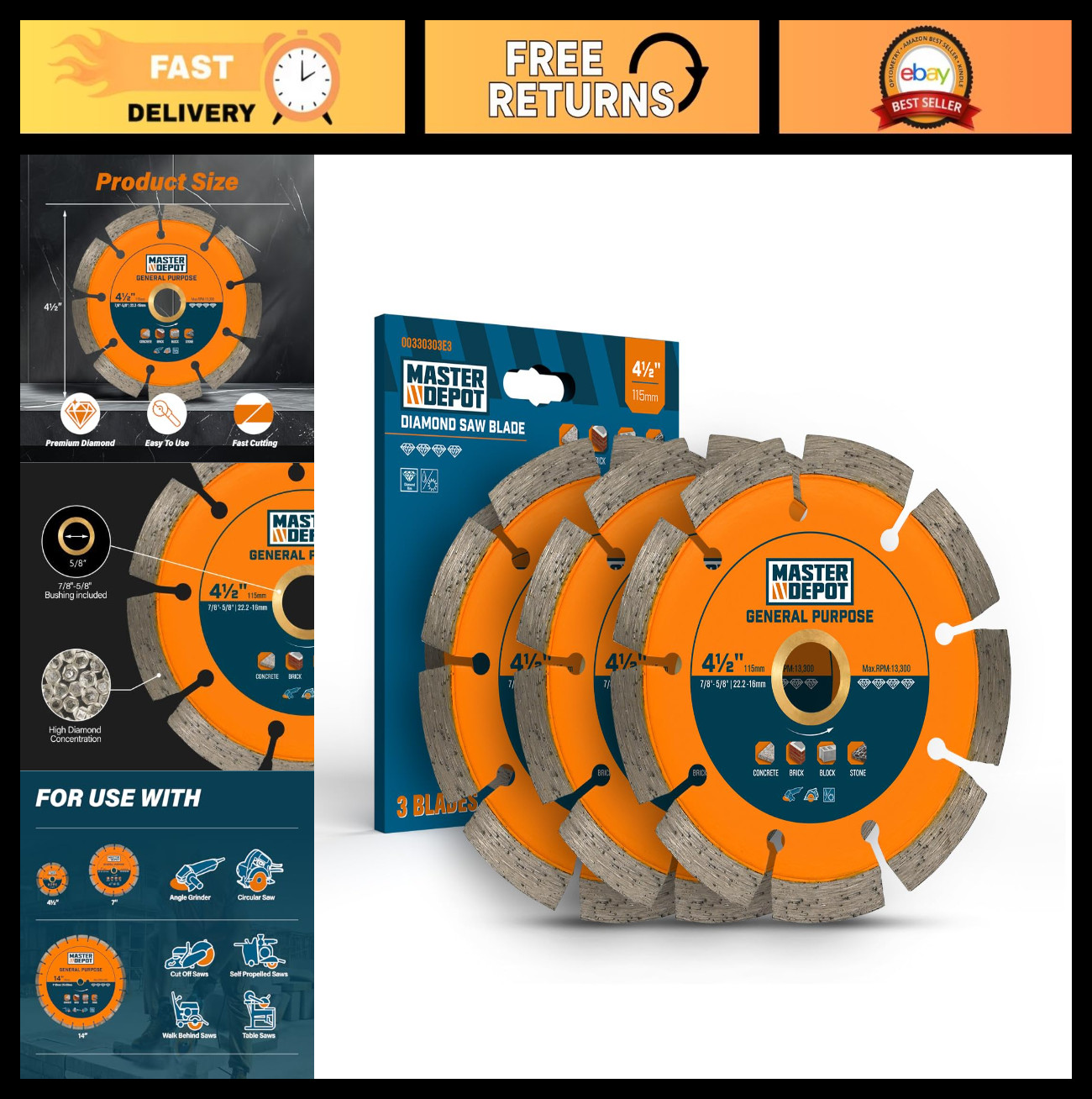 4.5" Diamond Saw Blade Segmented Rim for Concrete, Stone, Granite - 3 Pack