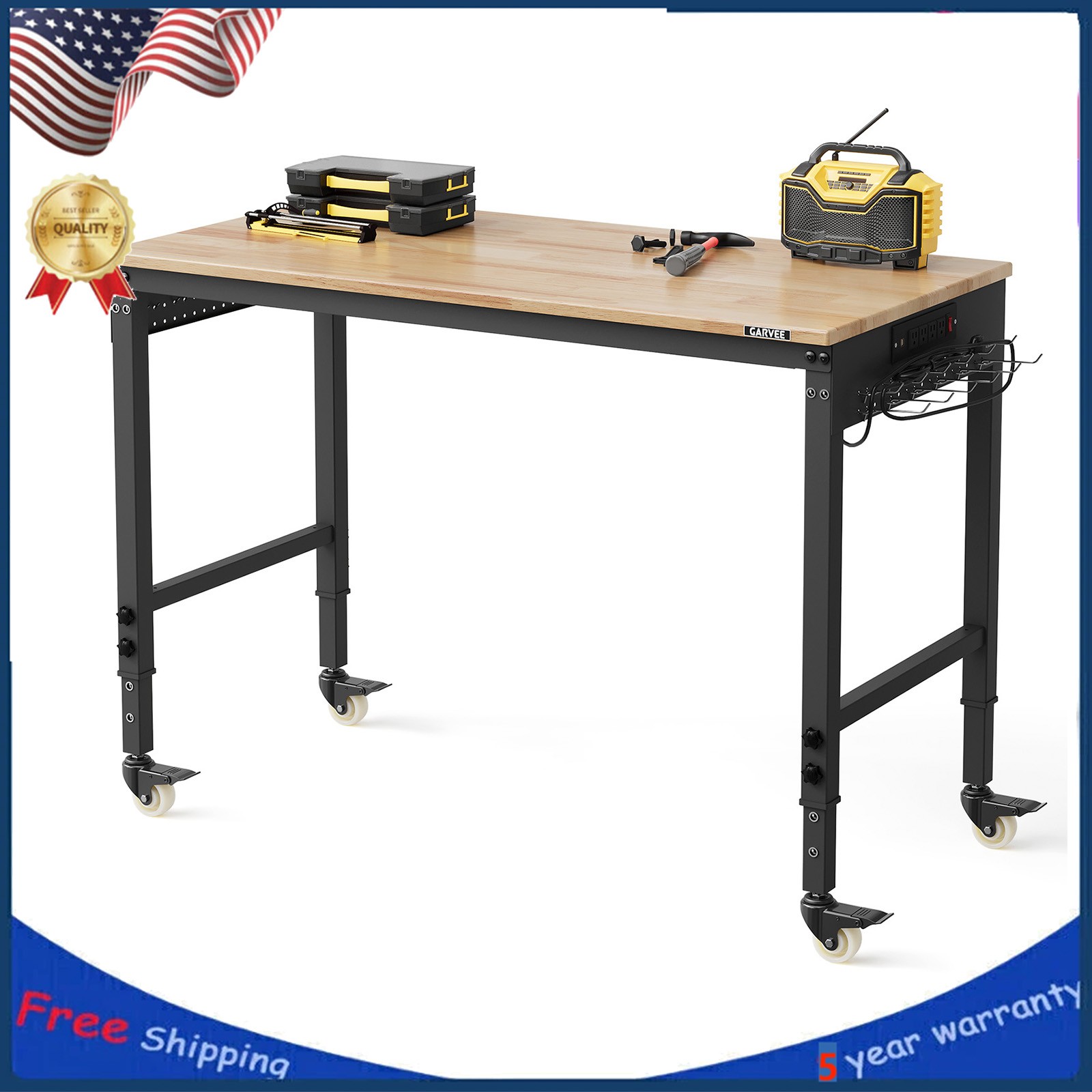48x24 in Adjustable Heavy Duty Workbench with Power Outlets, Wheel, 2000 LBS