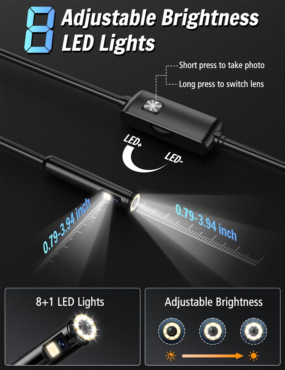 Dual Lens Endoscopes Camera 1920P HD Borescope with 8 LED Lights for iOS/Android