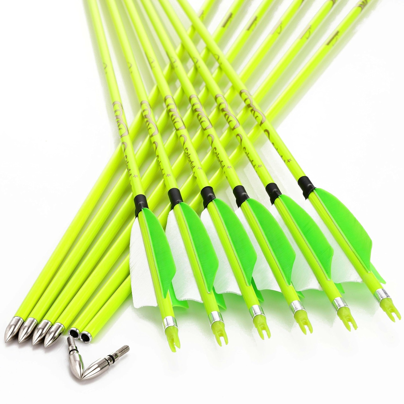annastar 30" Carbon Feather Arrows Practice 30 inch Spine 300, Neon Green