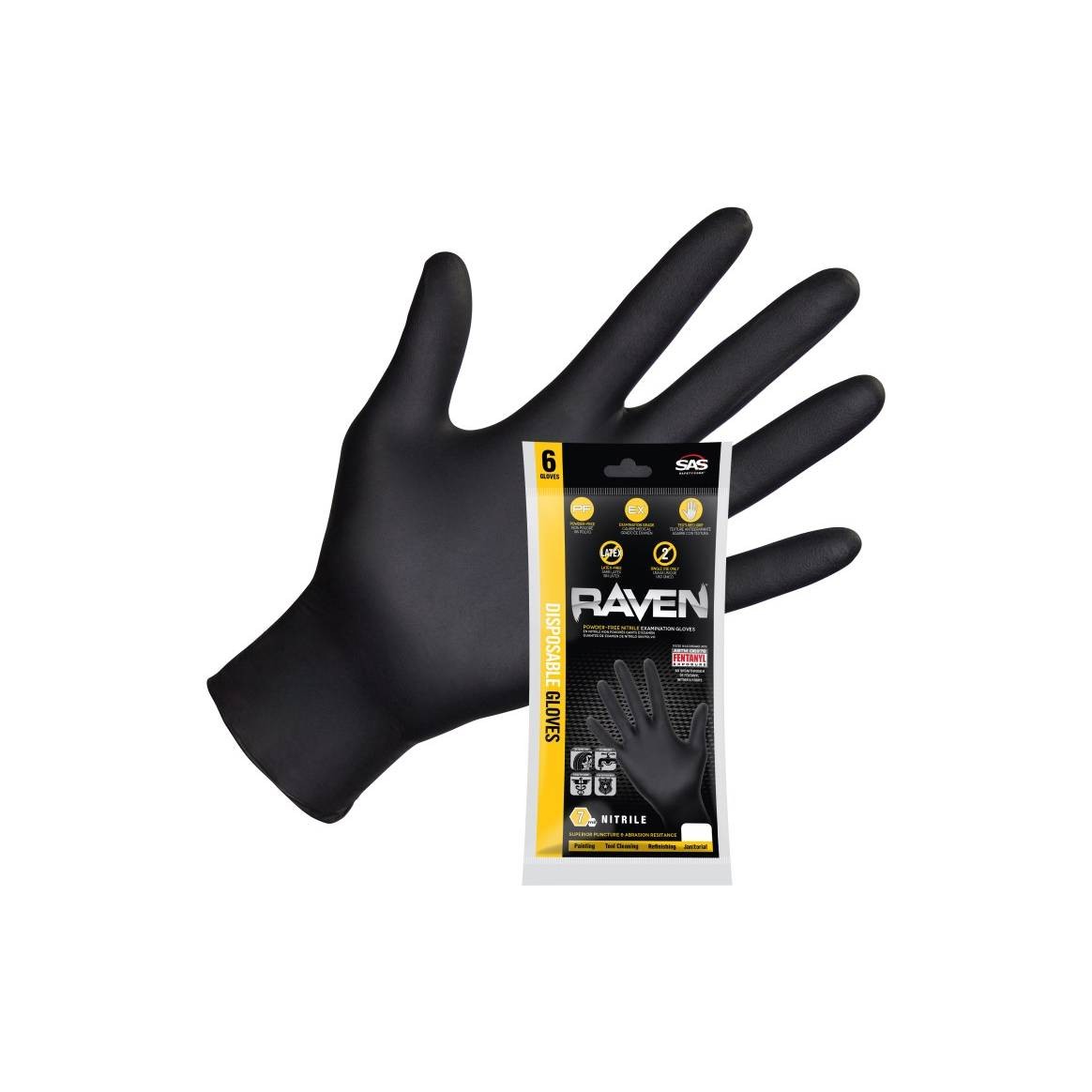 SAS 66511 Raven Exam Grade Nitrile Disposable Gloves, 7 mil, Large, 6 Pack