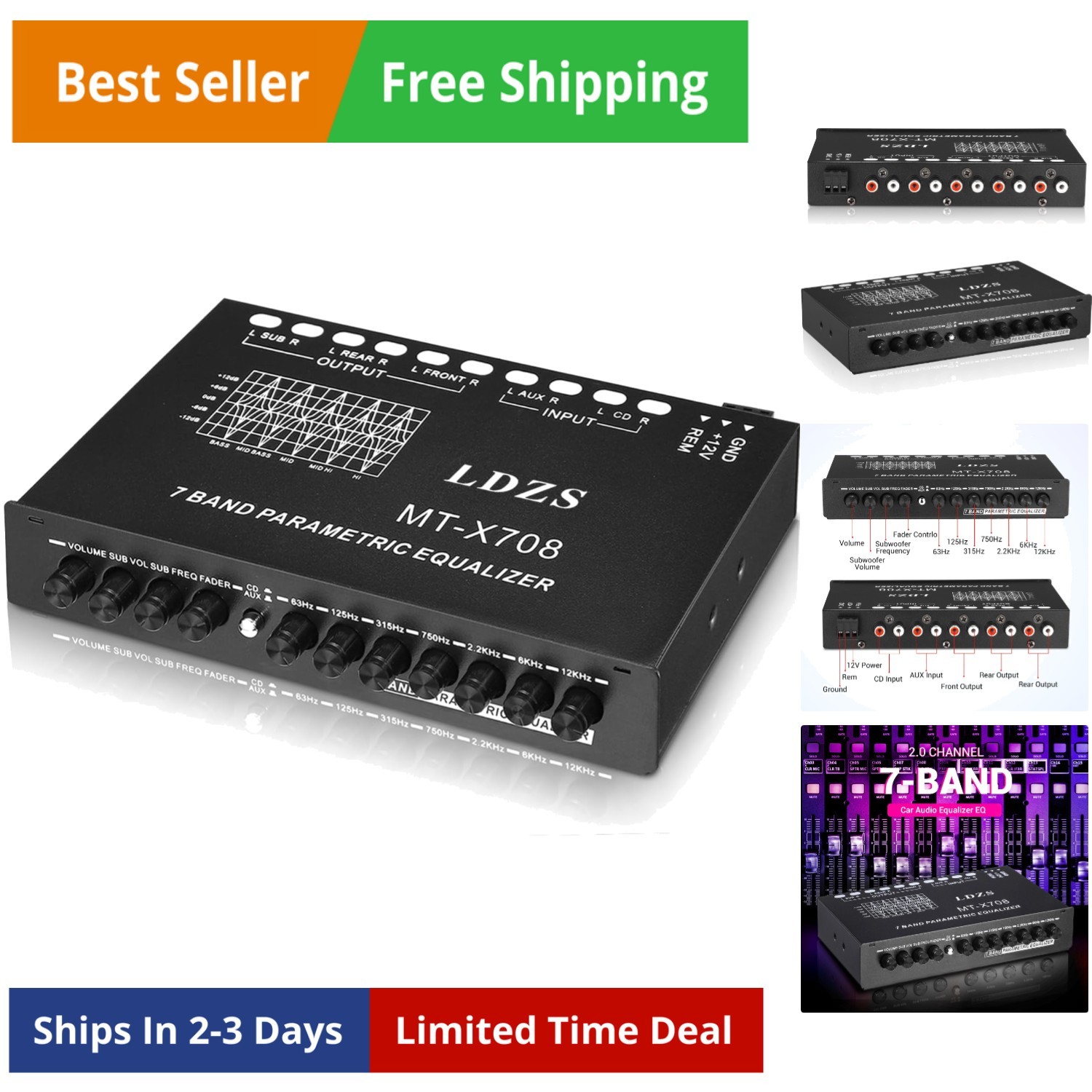 7-Band Car Audio Equalizer, Adjustable 7 Bands EQ Car Amplifier Graphic Equal...