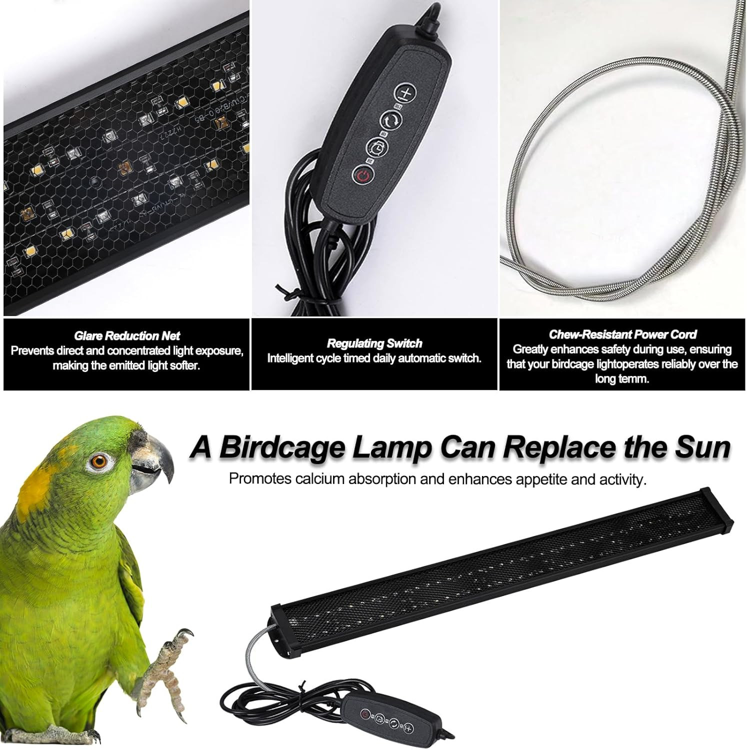 Full Spectrum LED Bird Light with Timer for Parrots - 22" Chew-Proof Design