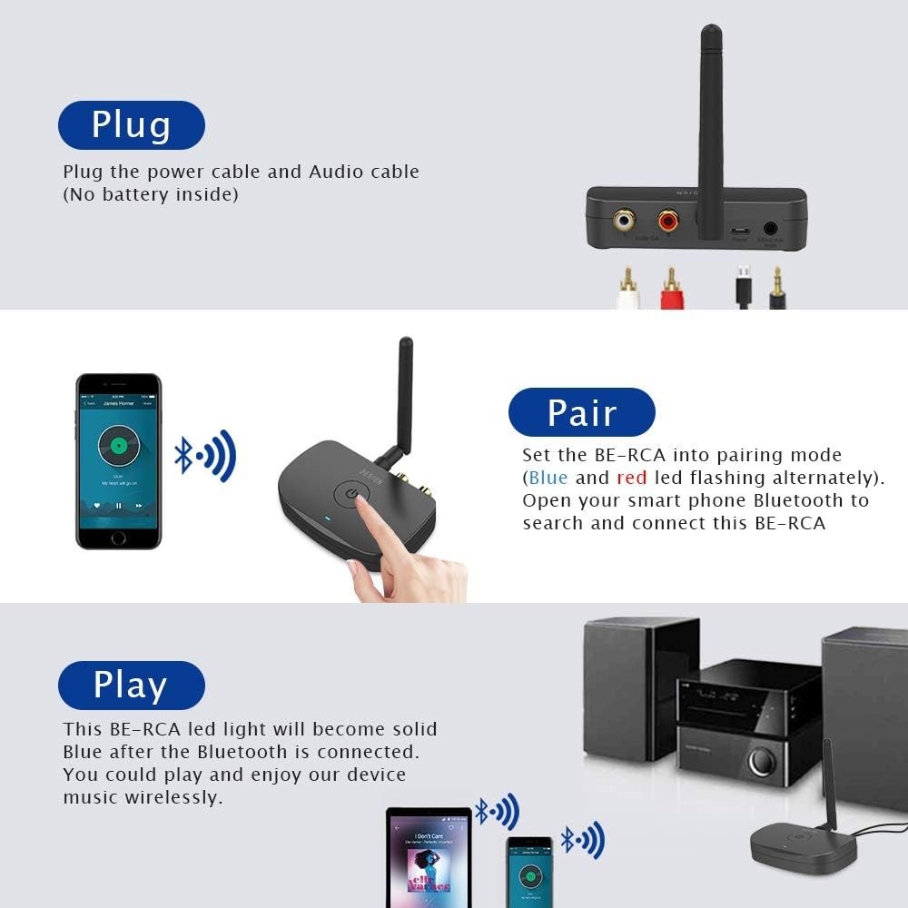 Transform Your Wired Speakers with BE-RCA Long Range Bluetooth Receiver - Black
