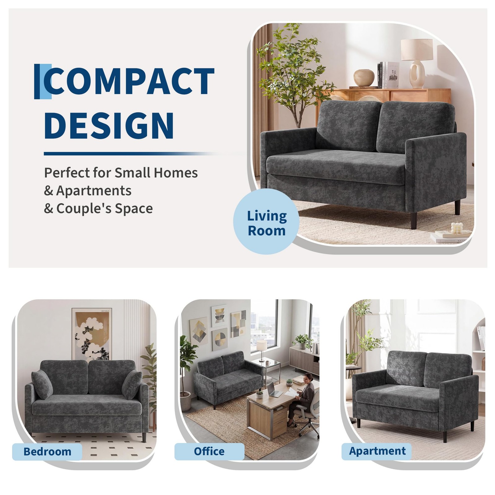 2-Seater Loveseat Sofa Compact Faux Linen Couch Wide Back Easy Assembly Home