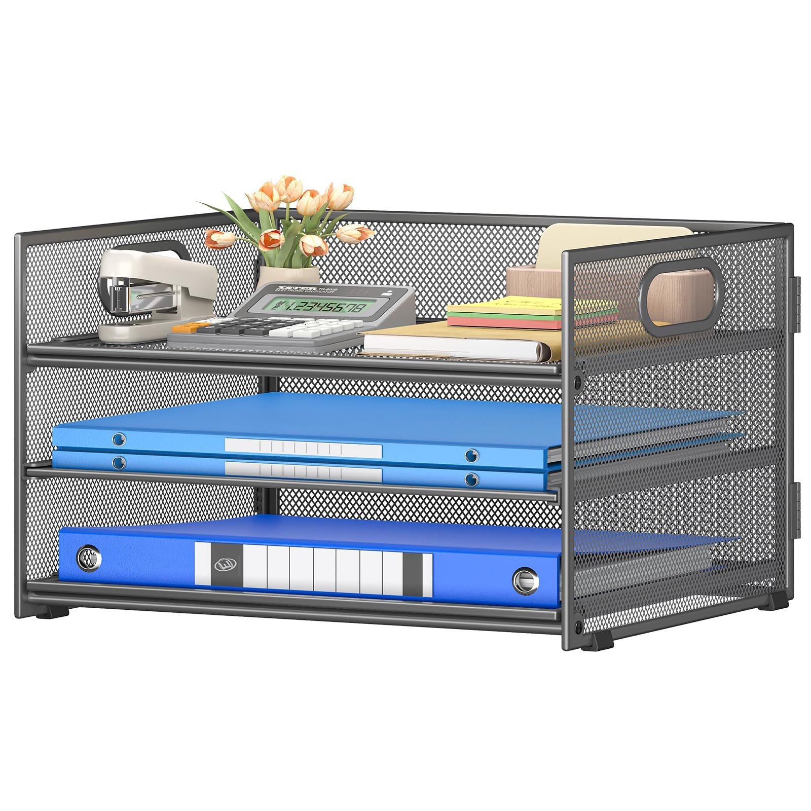 3 Tier Mesh Paper Letter Tray Desk File Sorter Sliding Tray Gray With Handle