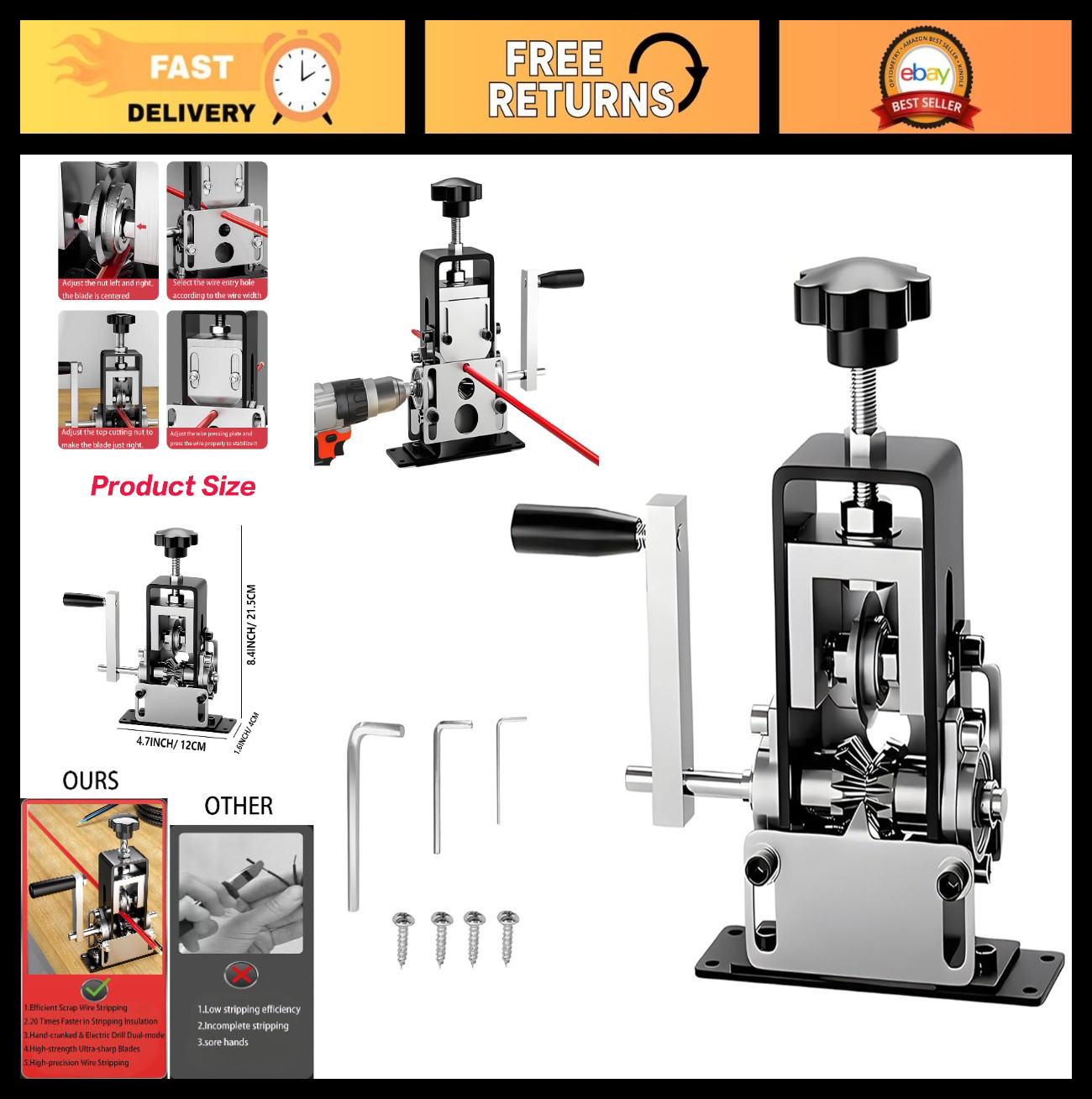 Manual Wire Stripping Machine for Copper Wire Recycling, Drill & Hand Crank Tool
