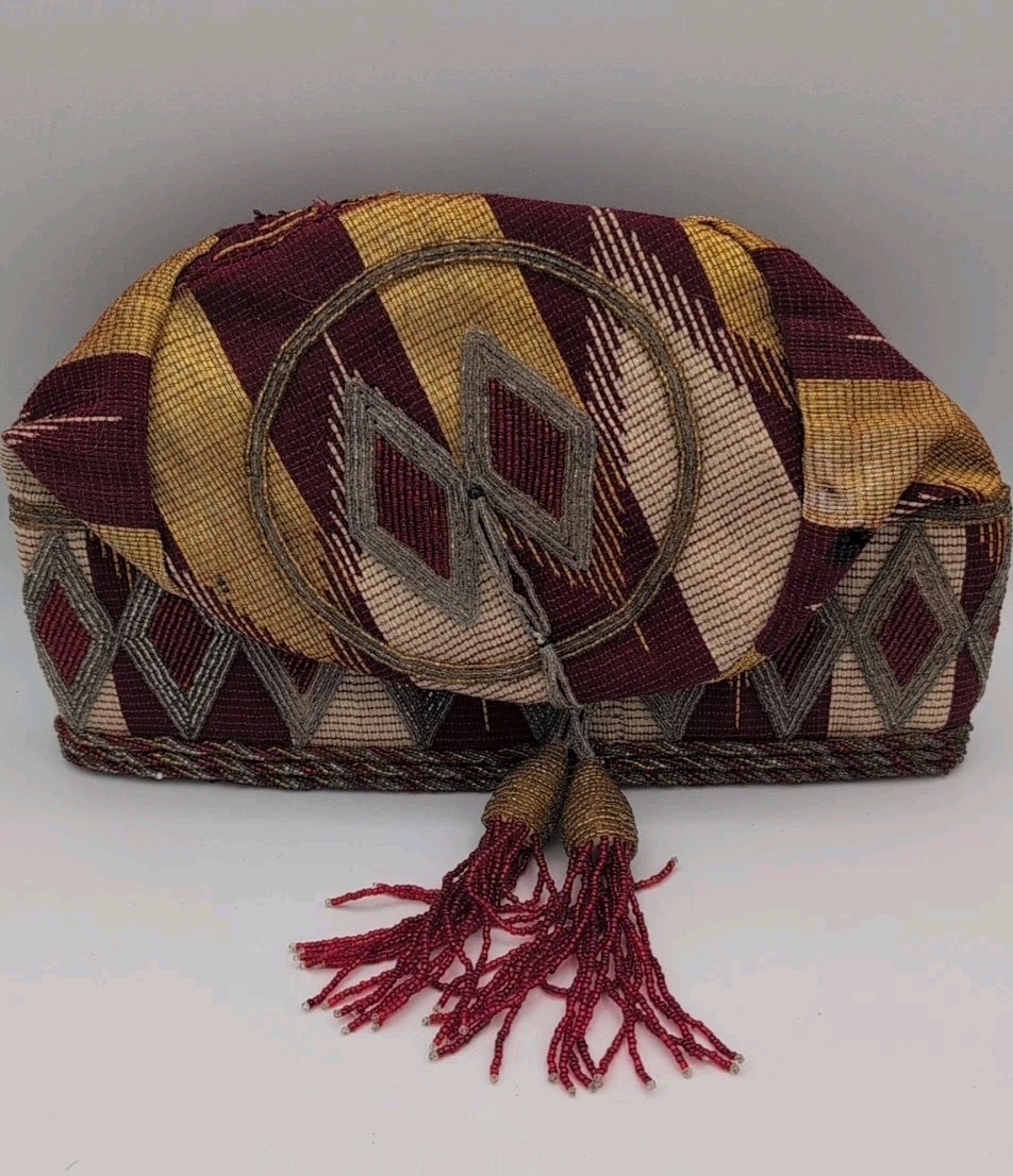 Vintage Authentic African Handwoven Nigerian Hat Kufi Cap Gold Beaded Estate See