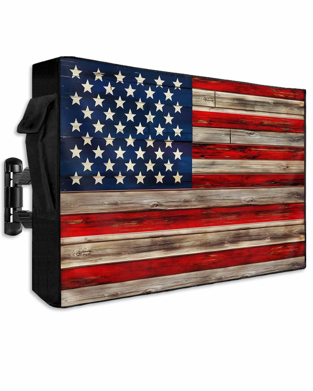 Lsrtoss American Flag Outdoor TV Cover for 52-55" TVs Weatherproof Vintage Wood
