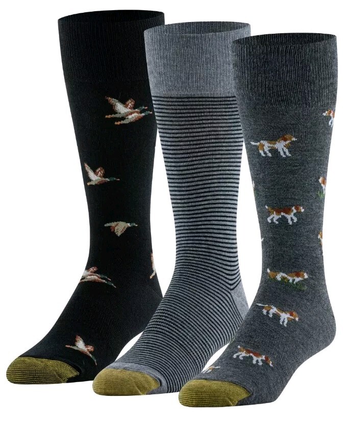 Goldtoe Men's 3 PACK Crew Dress Socks HUNTING DOGS DUCKS Gold Toe 6-12 #32125