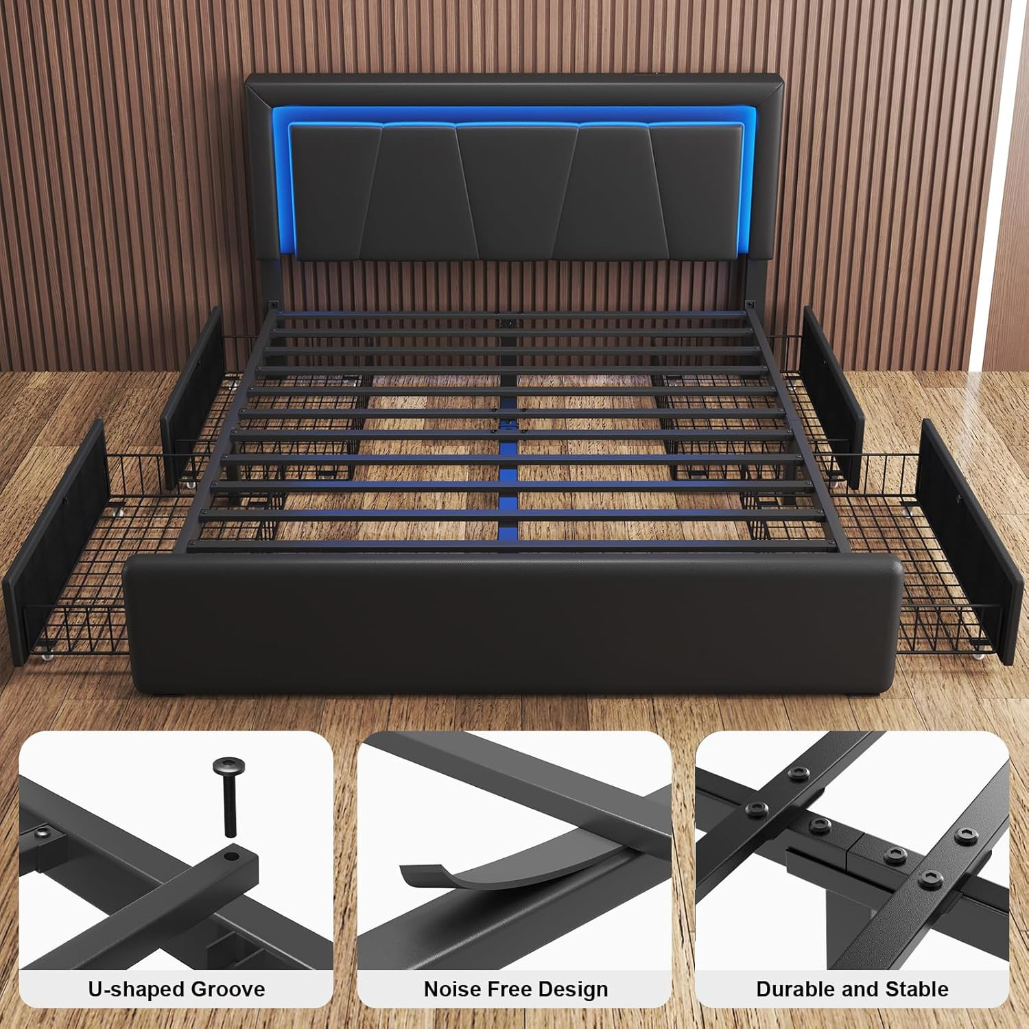 Queen Size Bed Frame with 4 Storage Drawers and LED Light, Upholstered Platform