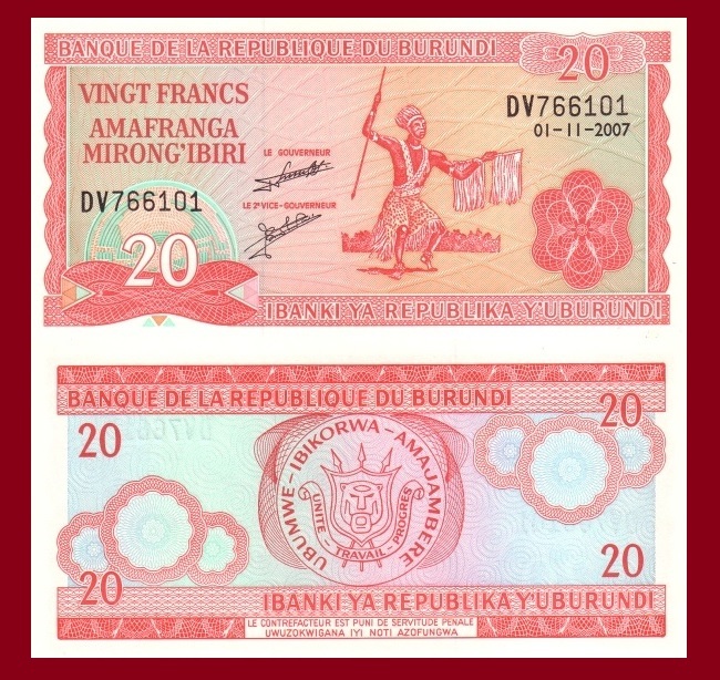 Burundi P27d, 20 Francs, tribal dancer with spear / arms, UNC, 2005 TDLR