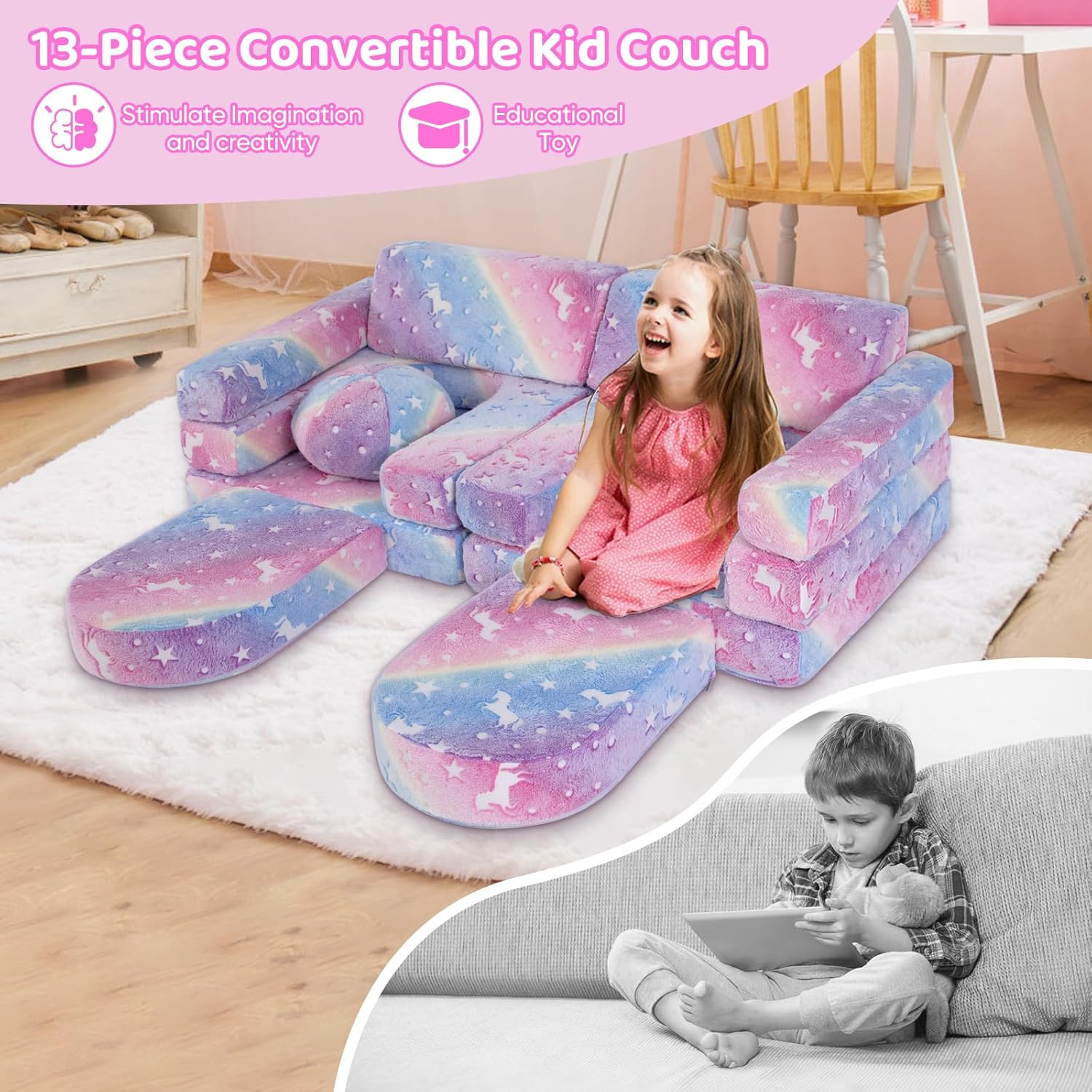 13 PCS Kids Play Couch, Modular Glowing Kids Toddler Couches, Kid Play Couch Sof