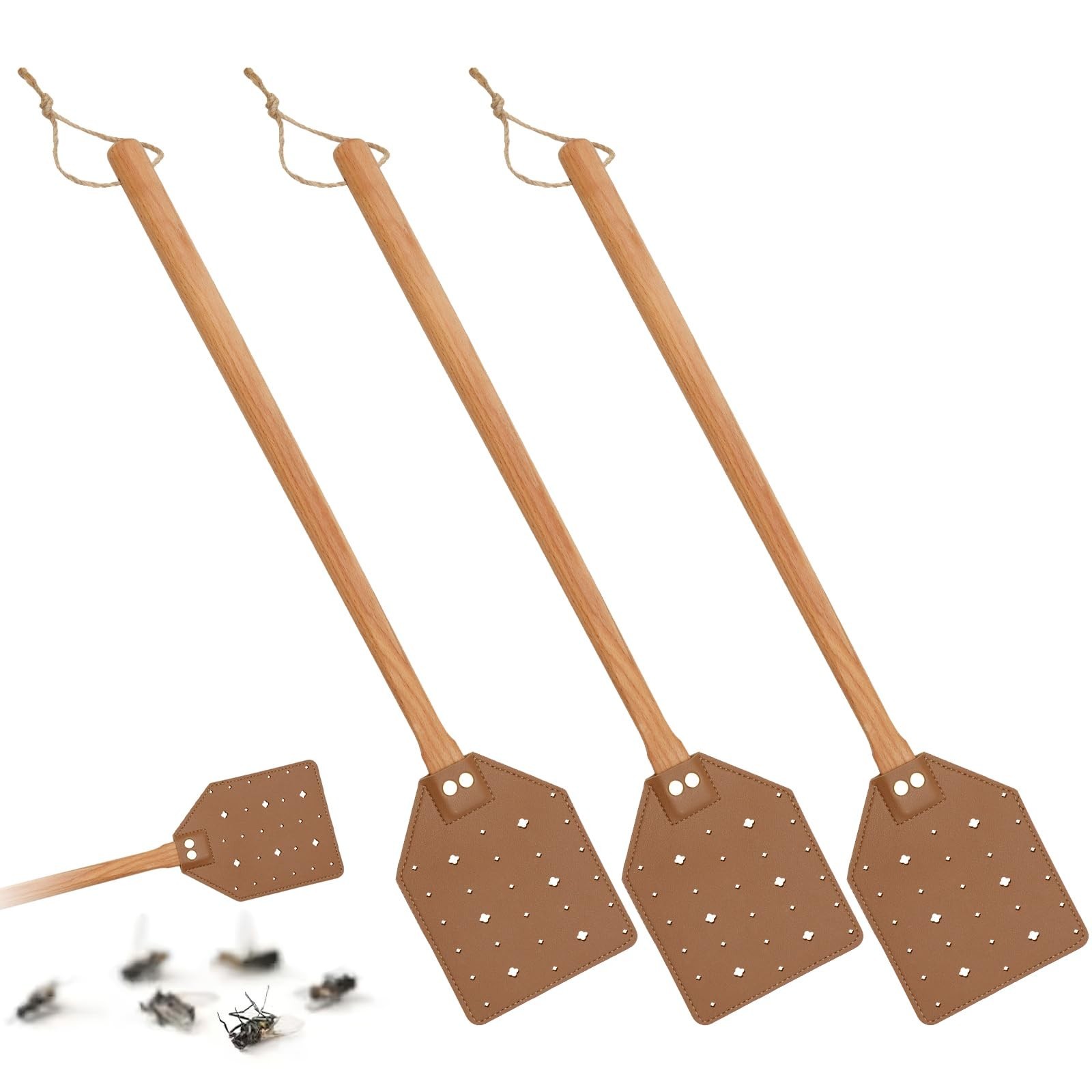 ZOCONE 3 Pack Leather Fly Swatters with Lanyard, Sturdy Fly Swatter Heavy Dut...
