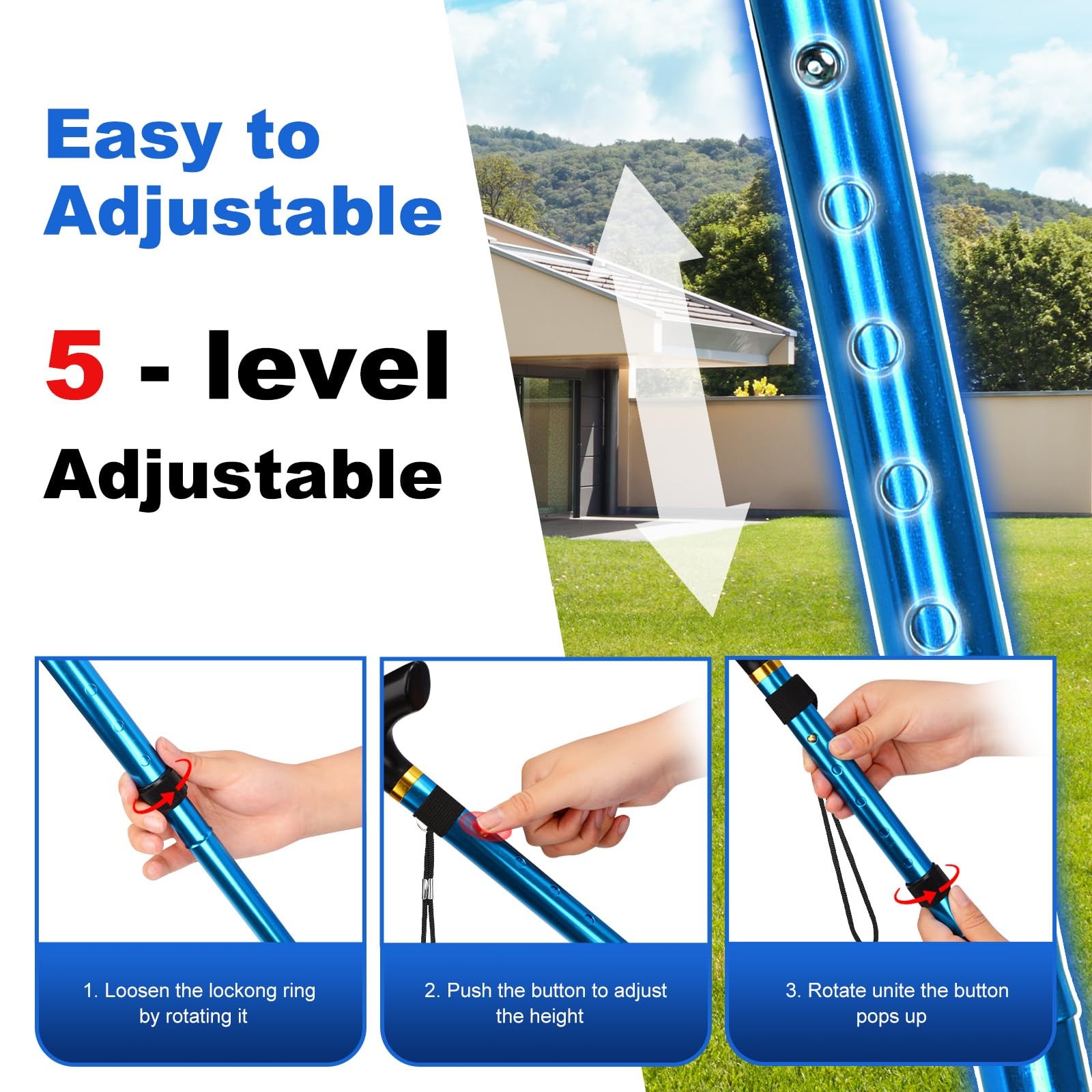 MFE Folding Cane, Portable 5-Level Adjustable Height Walking Stick with Blue