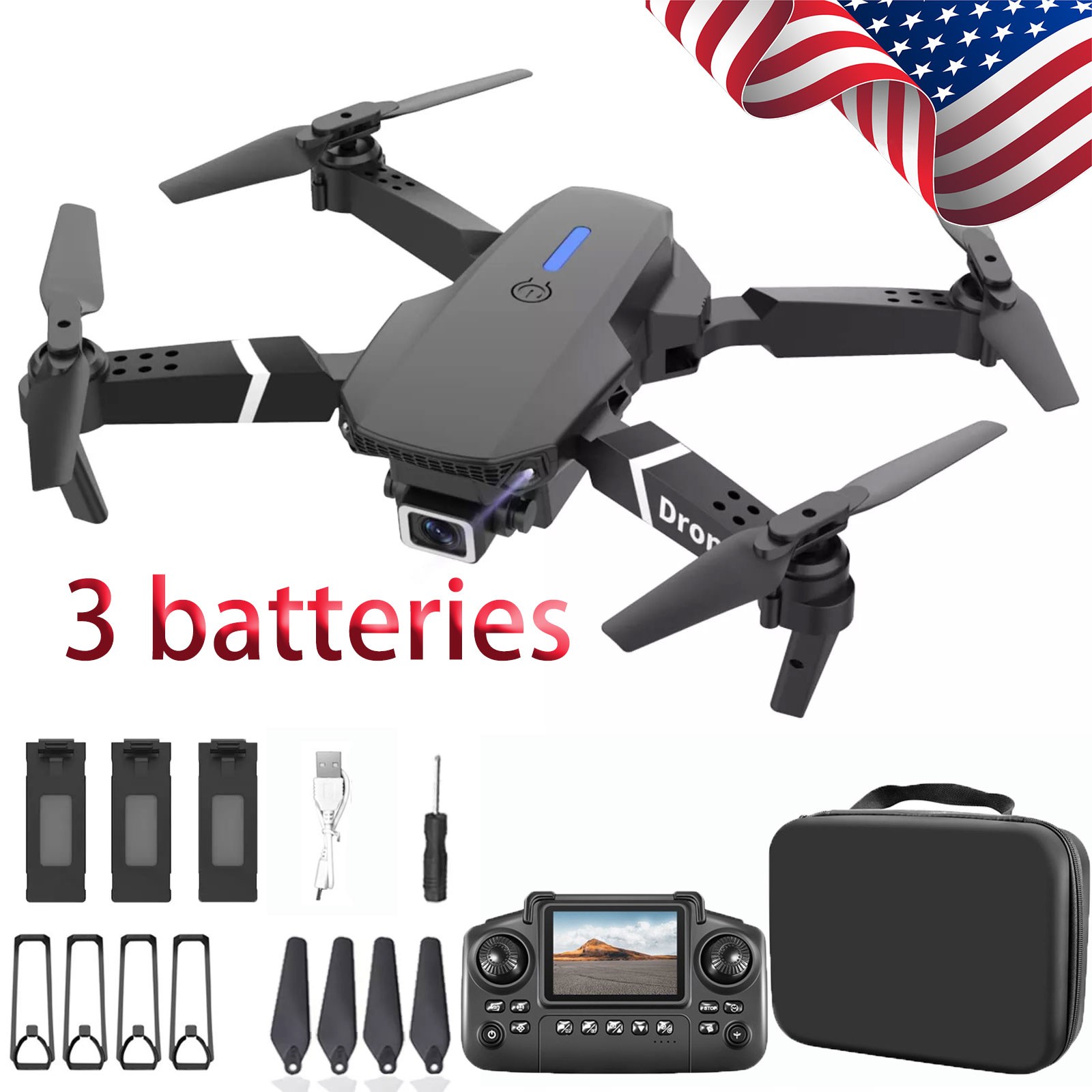 Drone 2026 4K HD Dual Camera WiFi FPV RC Foldable Quadcopter + 3 Batteries