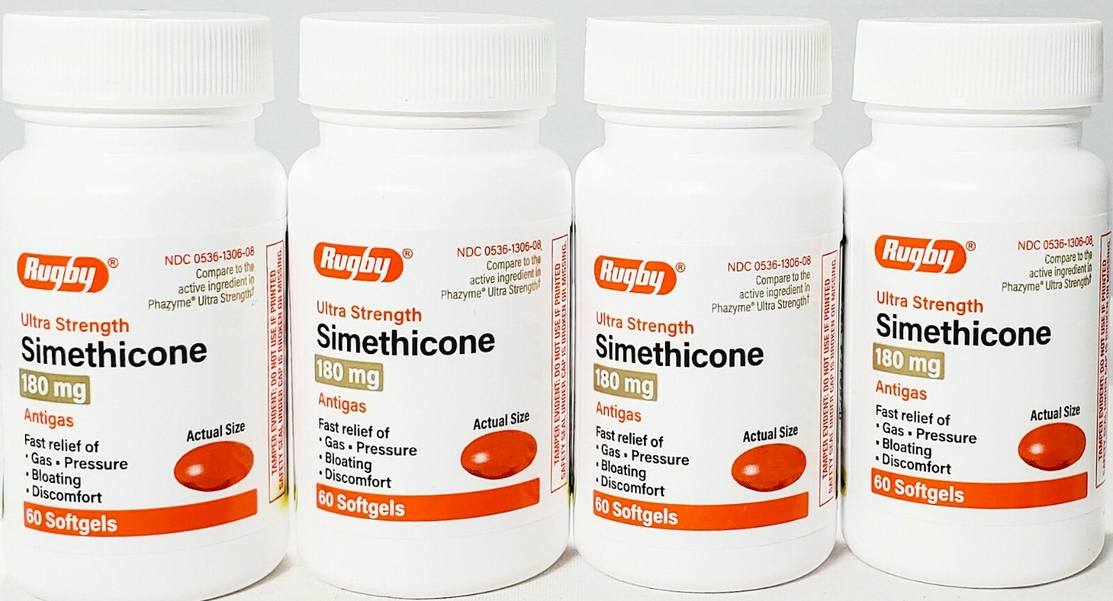 Rugby Simethicone Gas Relief 180mg (Compare to Phazyme) 60ct -4 pack-Exp 05-2028